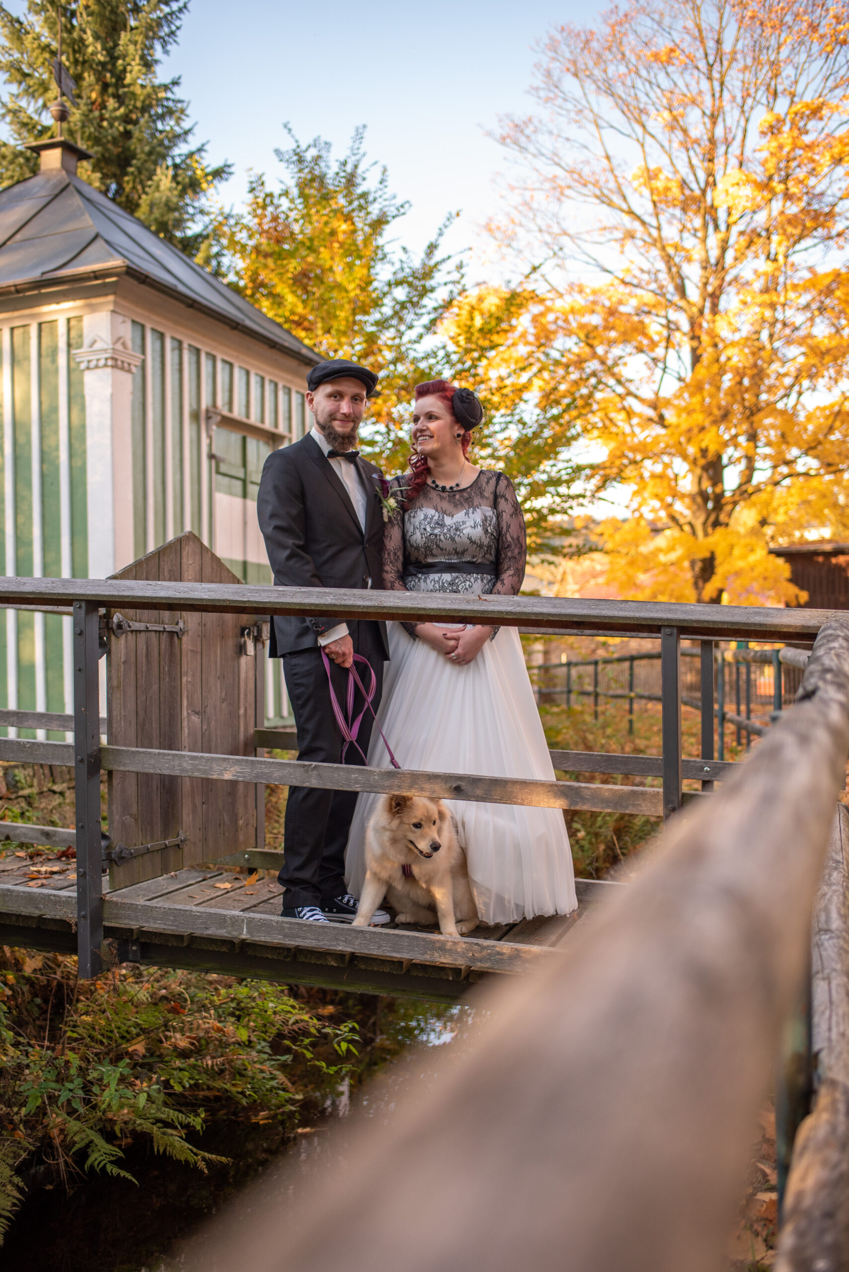 Hochzeit Hotel Saigerhütte Olbernhau Fotoshooting Brautpaar Hund